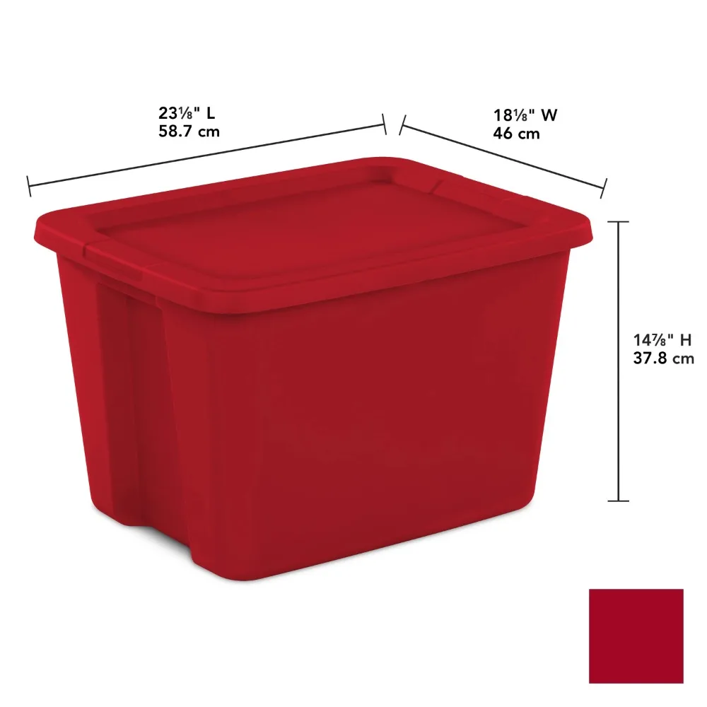 Large Storage Bin, 18 Gallon Plastic Storage Container with Snap-On Lid, Red, Pack of 8