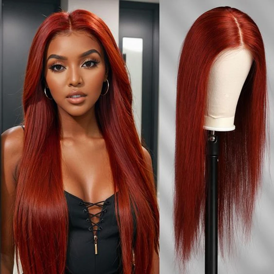 Reddish Brown Straight Wig 4x4 Lace Frontal Wig Malaysia Straight Human Hair Wig Red Colored Straight Lace Frontal Wig For Women