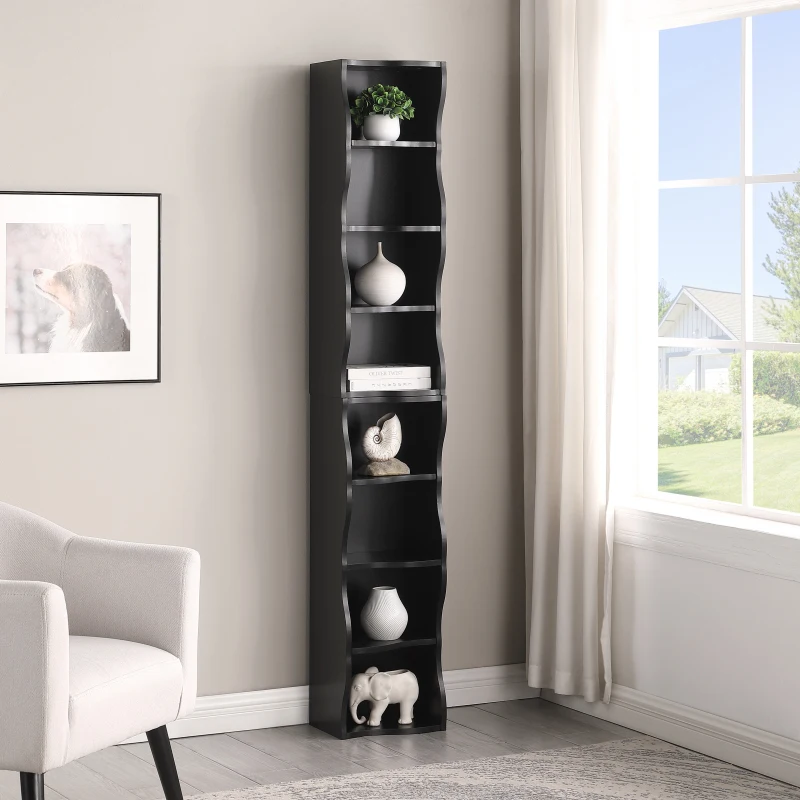 

Modern Black Wave - Shaped Tall Bookshelf Narrow Display Shelf for Living Room Bedroom Space - Saving Storage Rack