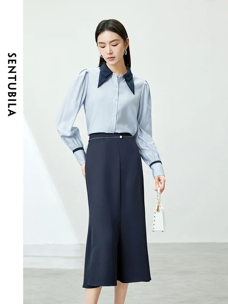 

SENTUBILA Women's Skirts Set 2025 Polo Collar Long Sleeve Blouses A-line Split Midi Skirt 2 Piece Sets Woman Outfit 141Z53475