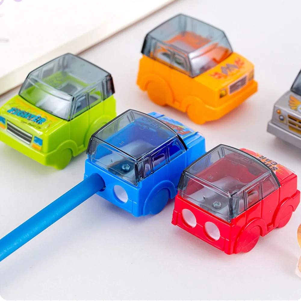 4pcs Cartoon Car Pencil Sharpener Creative Kawaii Pencil Cutting Tools Double Hole Prize Rewards Student Stationery