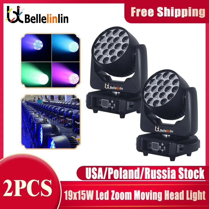 

No Tax 2pcs 19X15W RGBW 4In1 LED Zoom Wash Moving Head Light Professional DJ Rotating Light For DMX Stage Disco Party Light