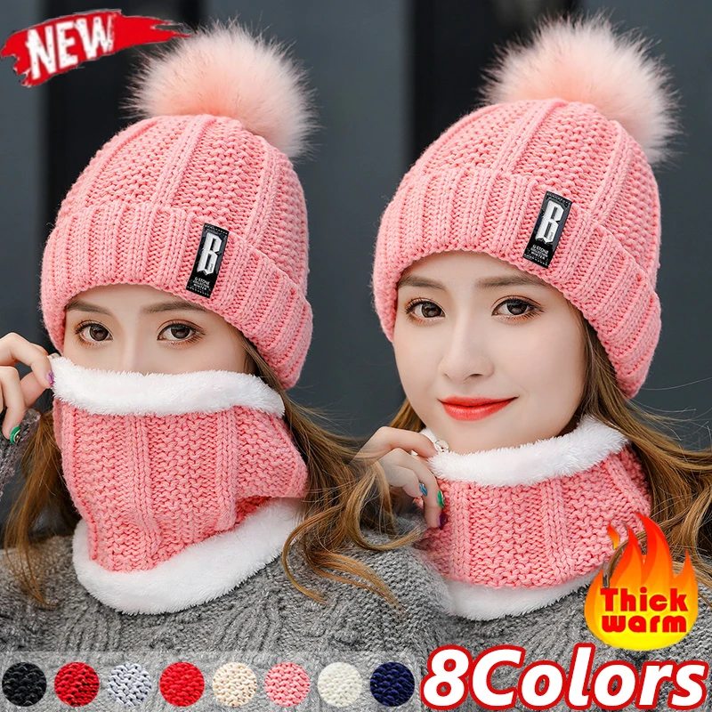 Autumn Winter Knitted Beanies Hats Scarf Set Women Thick Warm Hat Female Knit Letter Bonnet Beanie Caps Outdoor Windproof Riding