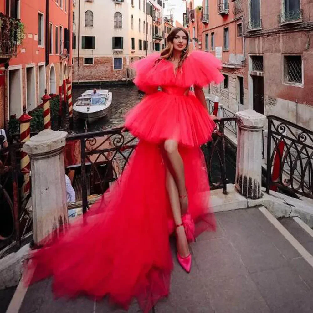 ชุดราตรีสีชมพูสดแบบพองๆ สำหรับผู้หญิง ชุดออกงานพิเศษ ชุดวันเกิด ชุดงานพรอมสุดเก๋