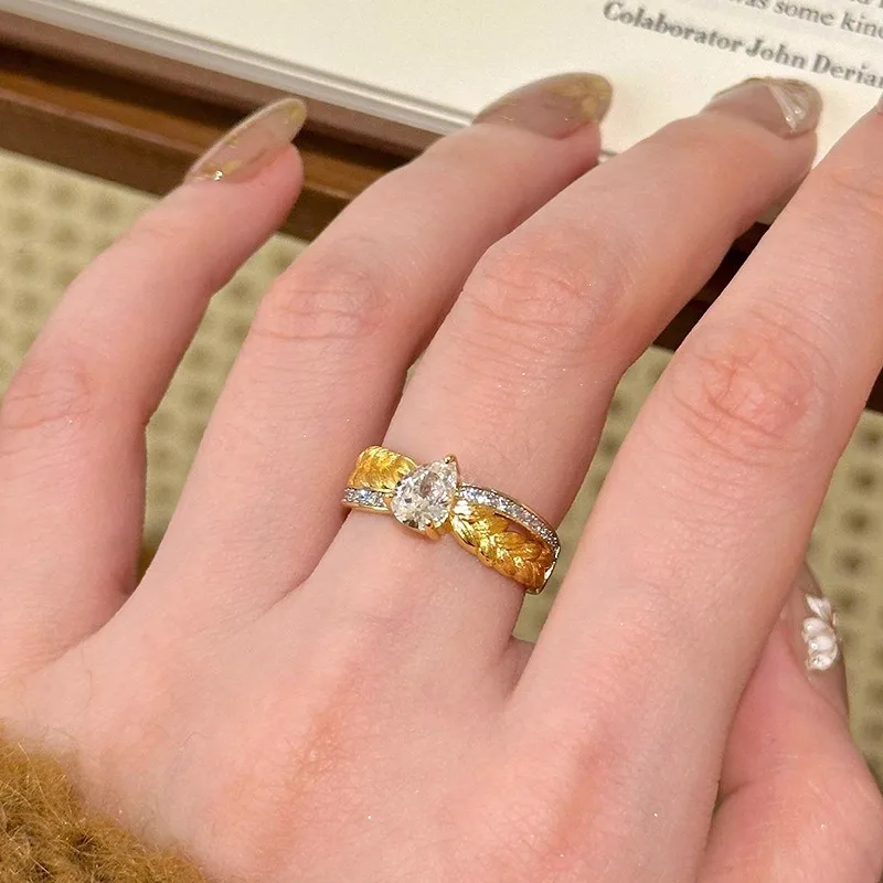 Inspiration water droplet gemstone rings for women light luxury brushed pear shaped engagement ring adjustable wedding jewelry