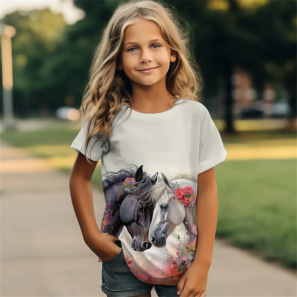 2024 legal meninas camiseta cavalo 3d impresso diversão roupas infantis bebê menina camiseta verão casual manga curta topo t