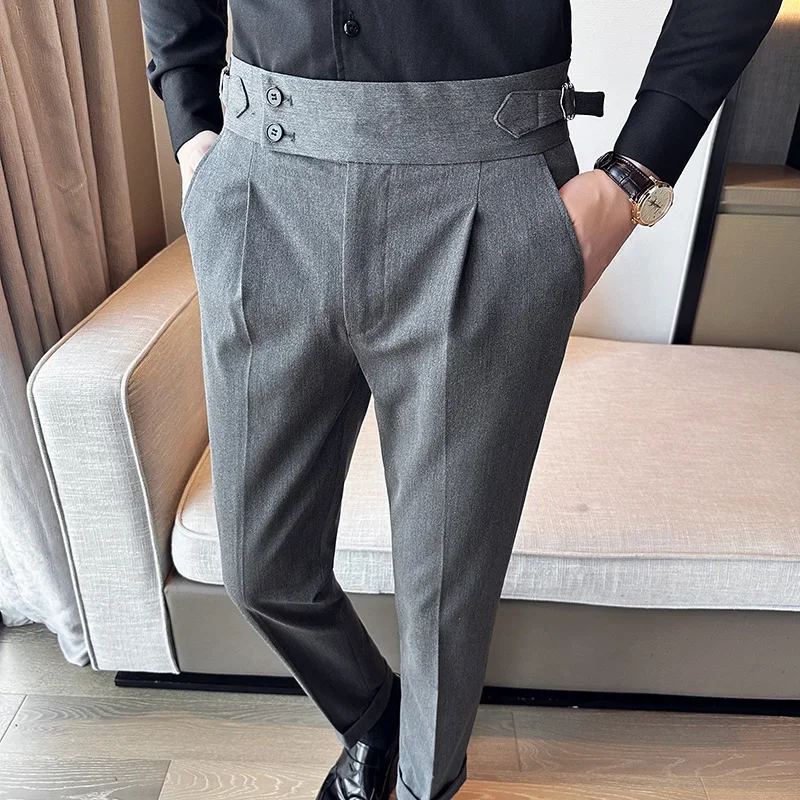 

British Style High Waist Solid Color Suit Pants Men Belt Design Slim Casual Social Dress Formal Wedding Business Party Trousers