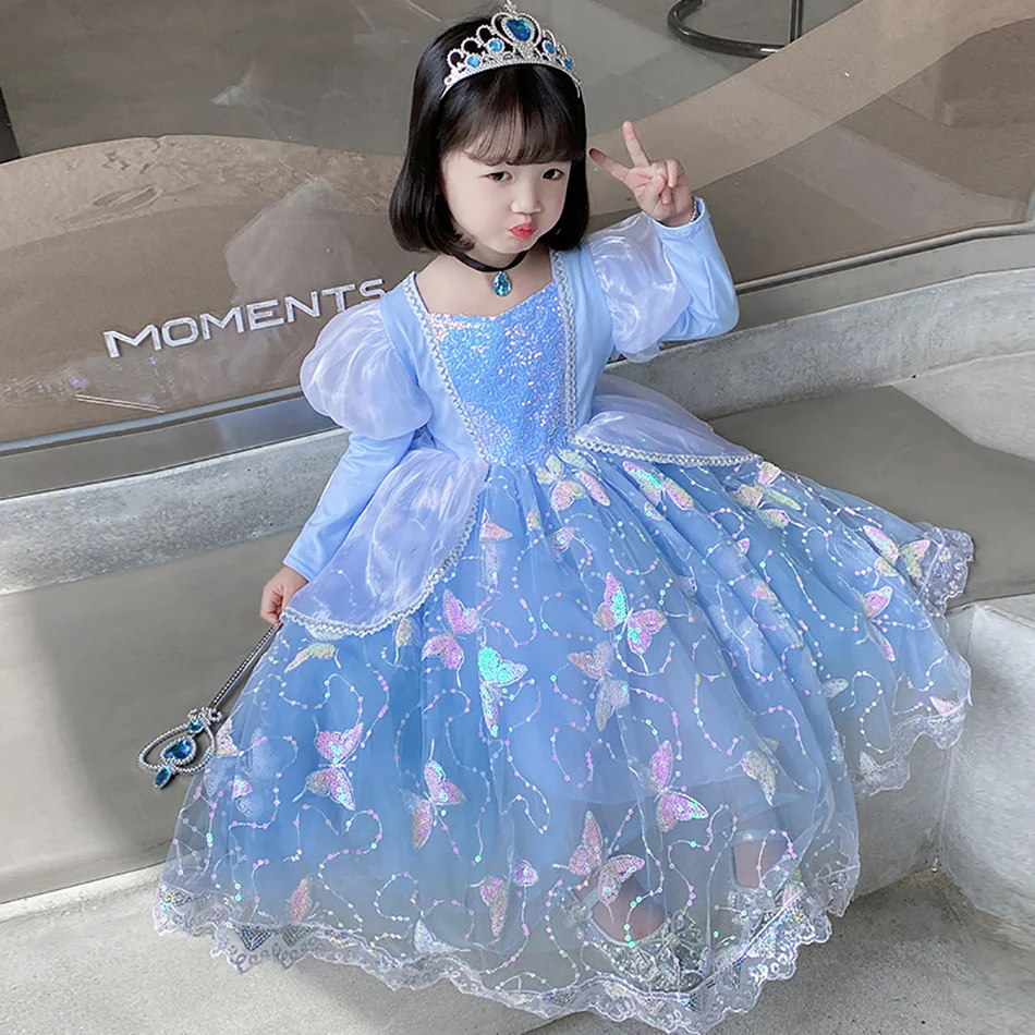 

Diney Halloween Cosplay Kids Puff Sleeves Cinderella Princess Dress Up Children Girls Shining Sequins Butterfly Party Long Dress