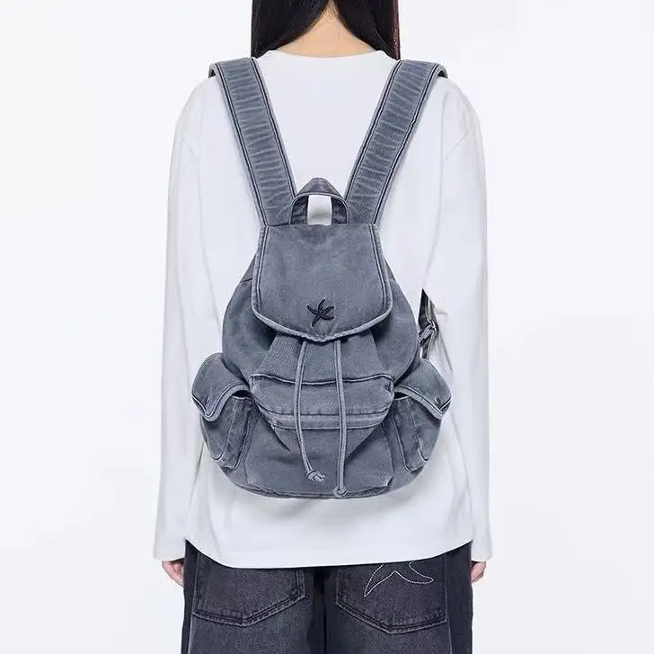 

Korean Washed Distressed Denim Backpack Women Starfish Multi Pocket Large Capacity Daypack Ladies Everyday Casual Mochilas Mujer