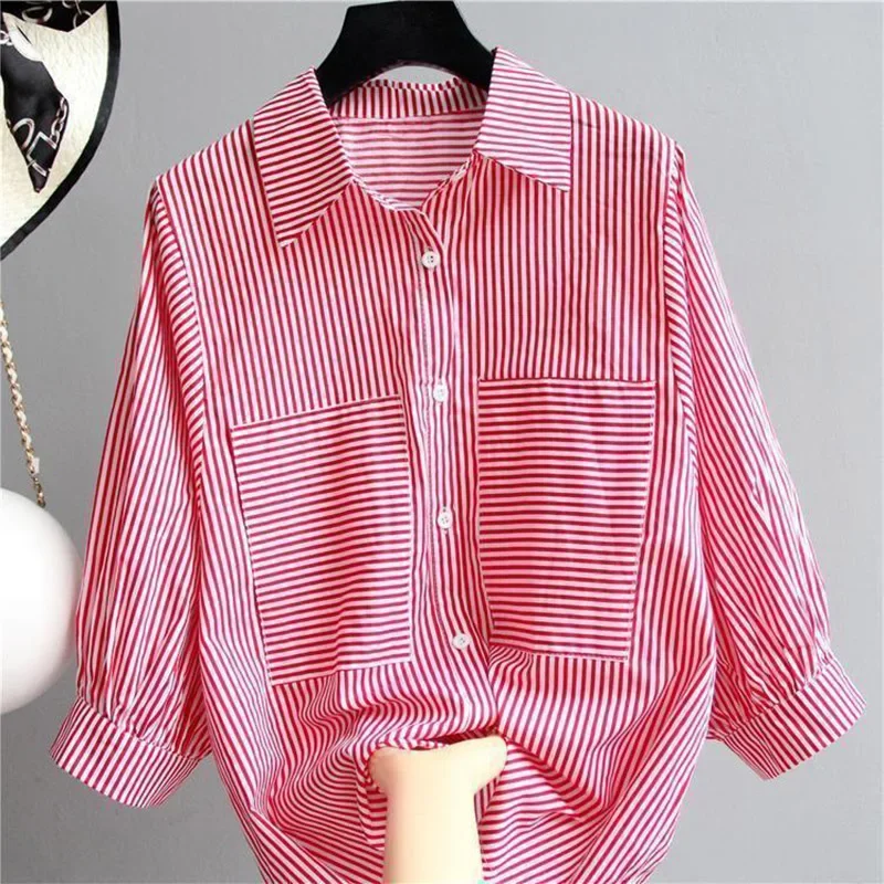 

100% Cotton Striped 3/4 Sleeve Shirt for Women Spring Summer New Korean Style Versatile Loose Standing Collar Female Top ZL397