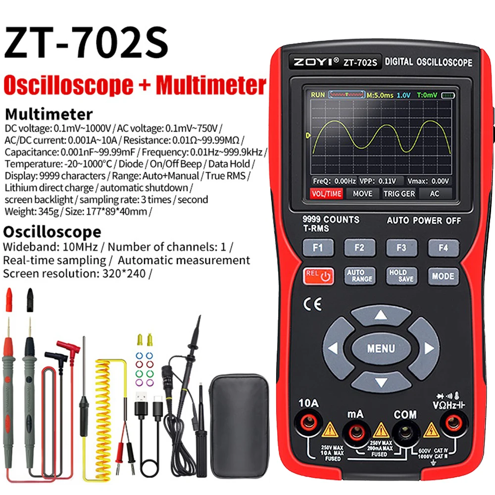 

ZT702S 2 In1 Digital Oscilloscope Multimeter 48MSa/s True RMS 1000V Multiteter Electrician Current Capacitance Resistance Tester