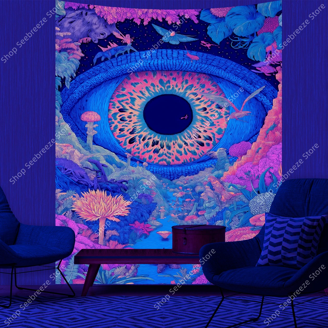 Enchanted Forest UV Tapestry with Mystical All Seeing Eye Bohemian Nature Wall Hanging for Bedroom Living Room Office Decor