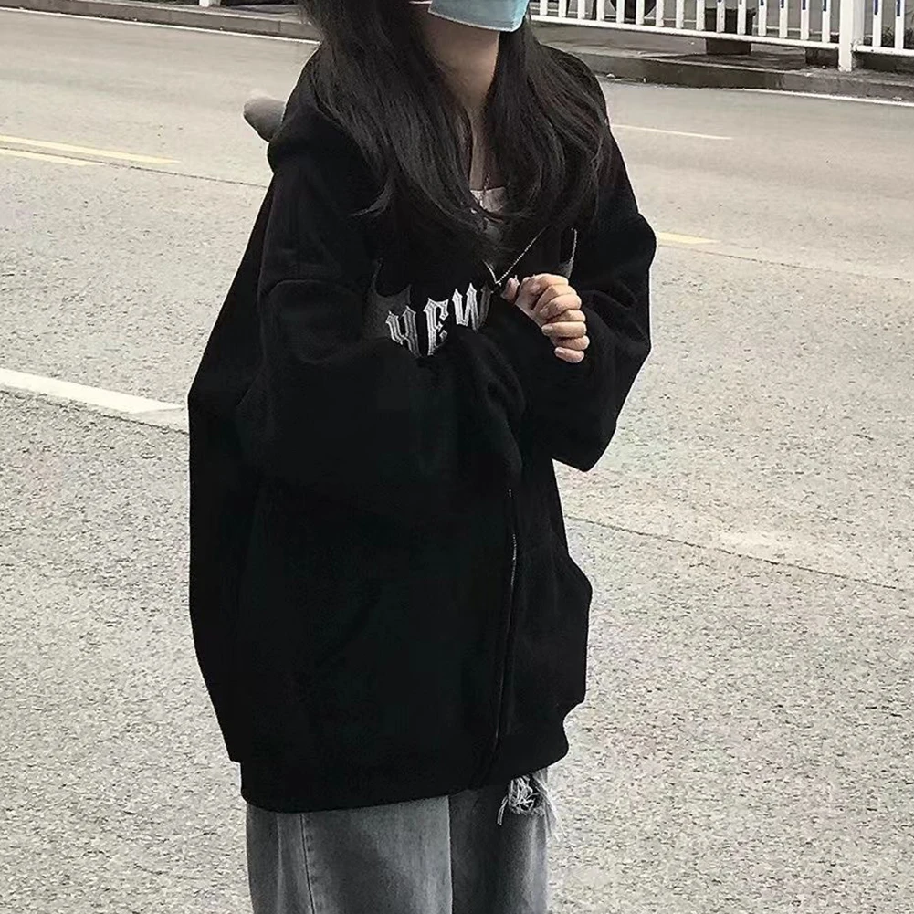 

Thin Women's Hoodie with Front Zipper Devil Horned Graphic Print Sweatshirt Casual and Comfortable Street Style