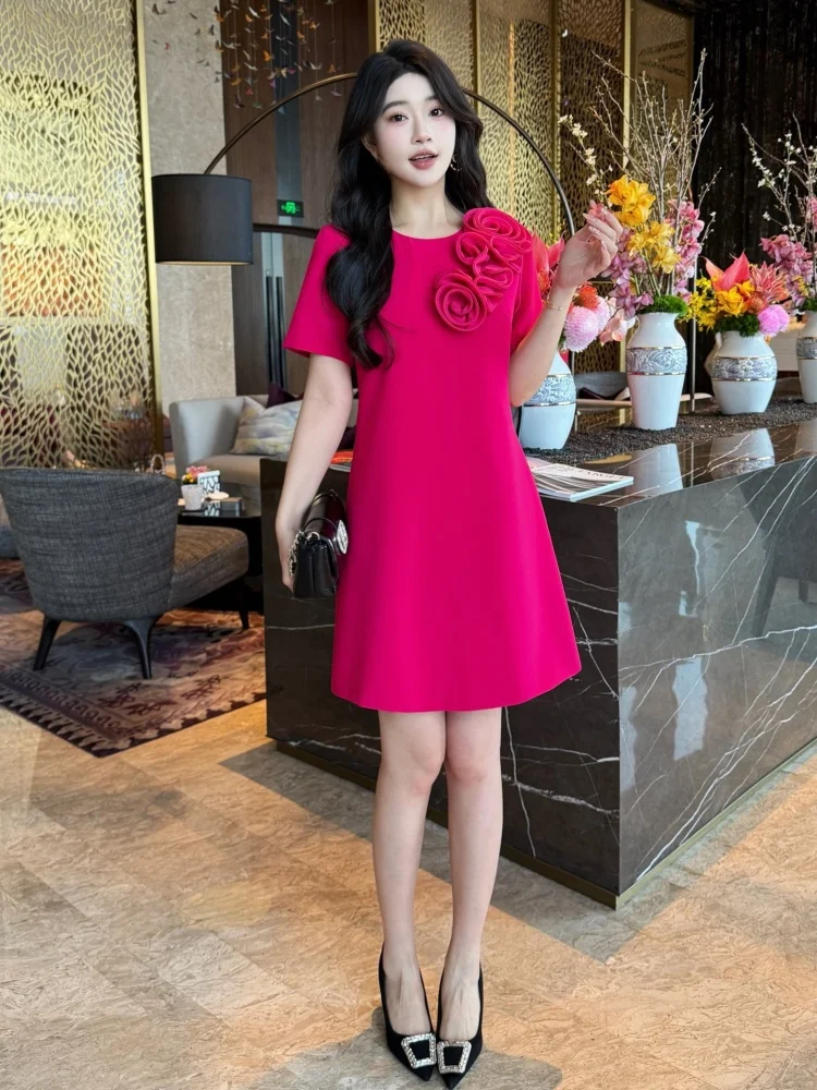 

Fashionable 3D Rose Floral Print Dress Elegant A-Line Silhouette Short Sleeve Women's Summer Dress High-Quality Design Sensation