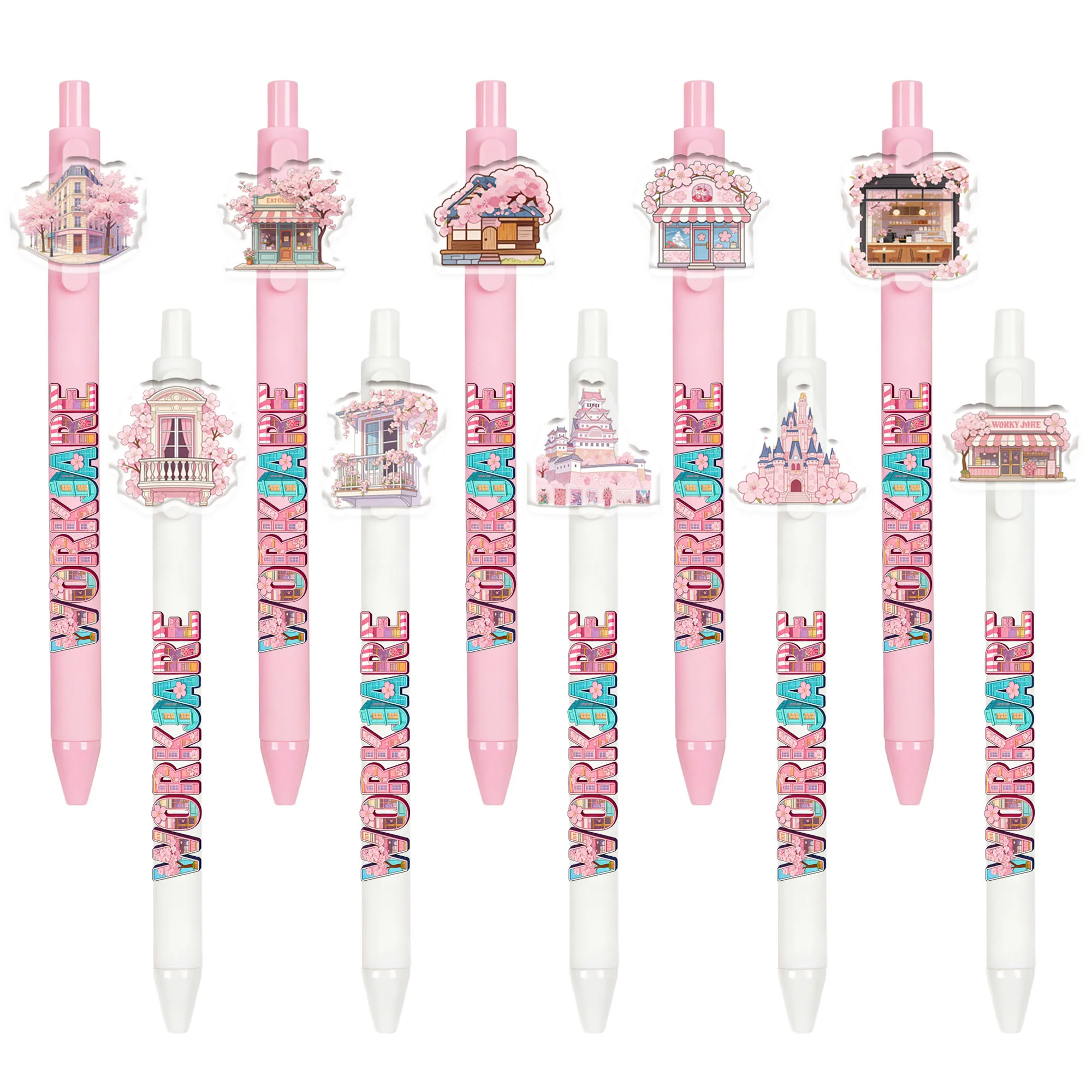

10pcs/17pcs Sakura Architecture Pattern Ballpoint Pen Japanese and Japanese Style Learning Office Stationery