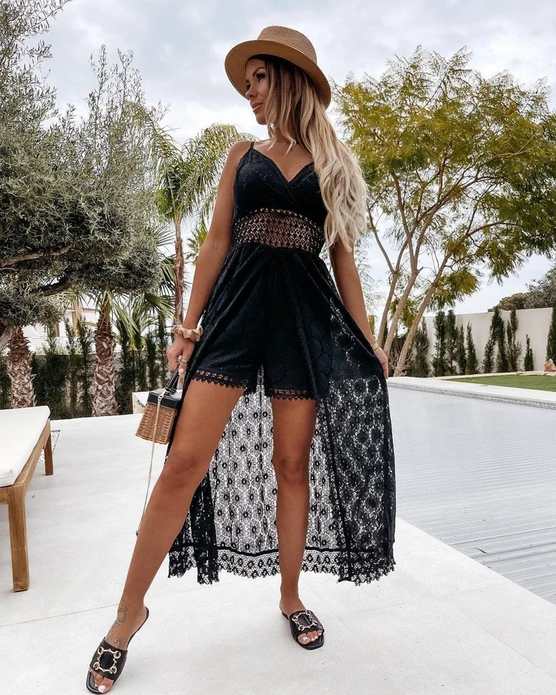 Zeyla-mono de verano con cuello en V para mujer, pelele sin mangas de encaje liso, traje de fiesta de cintura alta, vacaciones en la playa, blanco