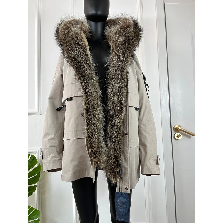 CNEGOVIK Real Fur Parkas For Women Rabbit Fur Coat With Raccoon Fur Hat Warm Winter Coat 2024