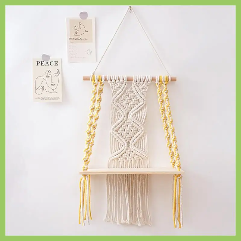 

ABJT-Single Tier Macrame Boho Wall Hanging Shelf,Handmade Boho Wooden Woven Plants Floating Shelves Decor,Mini Chic Organizer