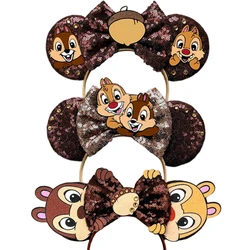 Disney Chip 'n' Dale Ears Hair Bands, Sequins Bow Headbands para Crianças, Carnaval Feminino, Acessórios para Cabelo Esquilo, Presente de Festa