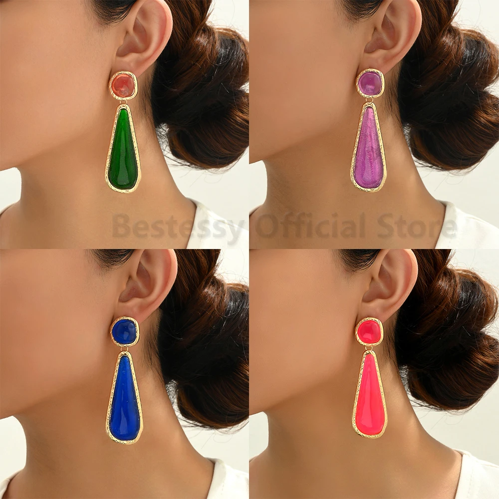 Luxury Glass Big Dangle Earrings For Women Fashion 2024 Geometric Party Wedding Elegant Long Pendant Vintage Jewelry Accessories