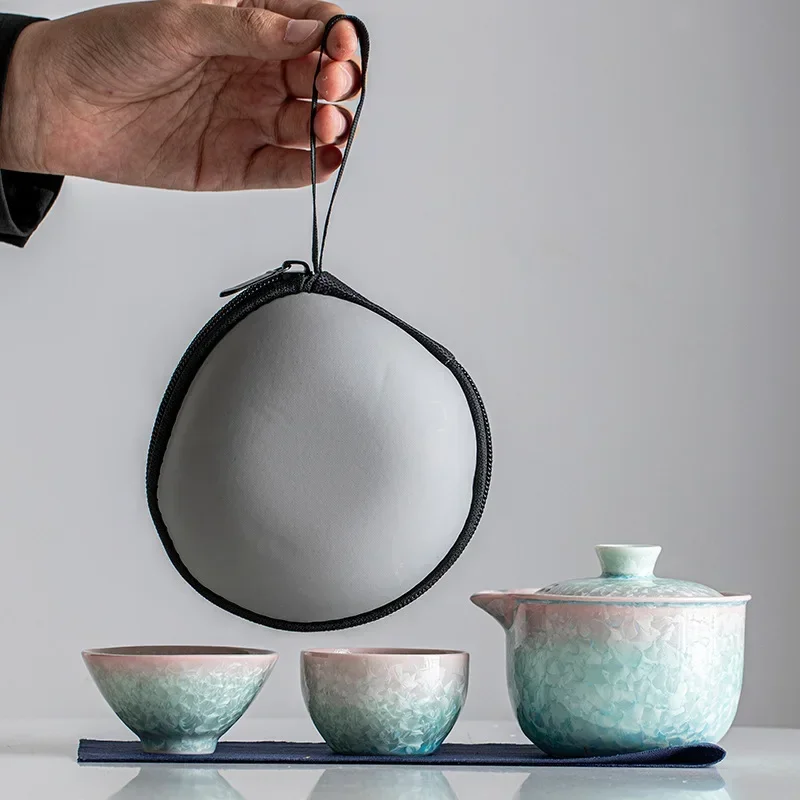 High-end Crystallized Glaze Hand-held Teapot, Travel Tea Set, One Pot Two Cups, Ceramic Tea Bowl, Colorful Business Gift Tool