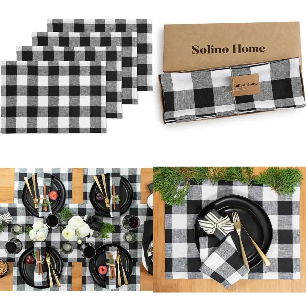 

Black and White Buffalo Plaid Pure Linen Checkered Placemats Set of 4 - 100% Linen, 14x19 Inch, Farmhouse Style