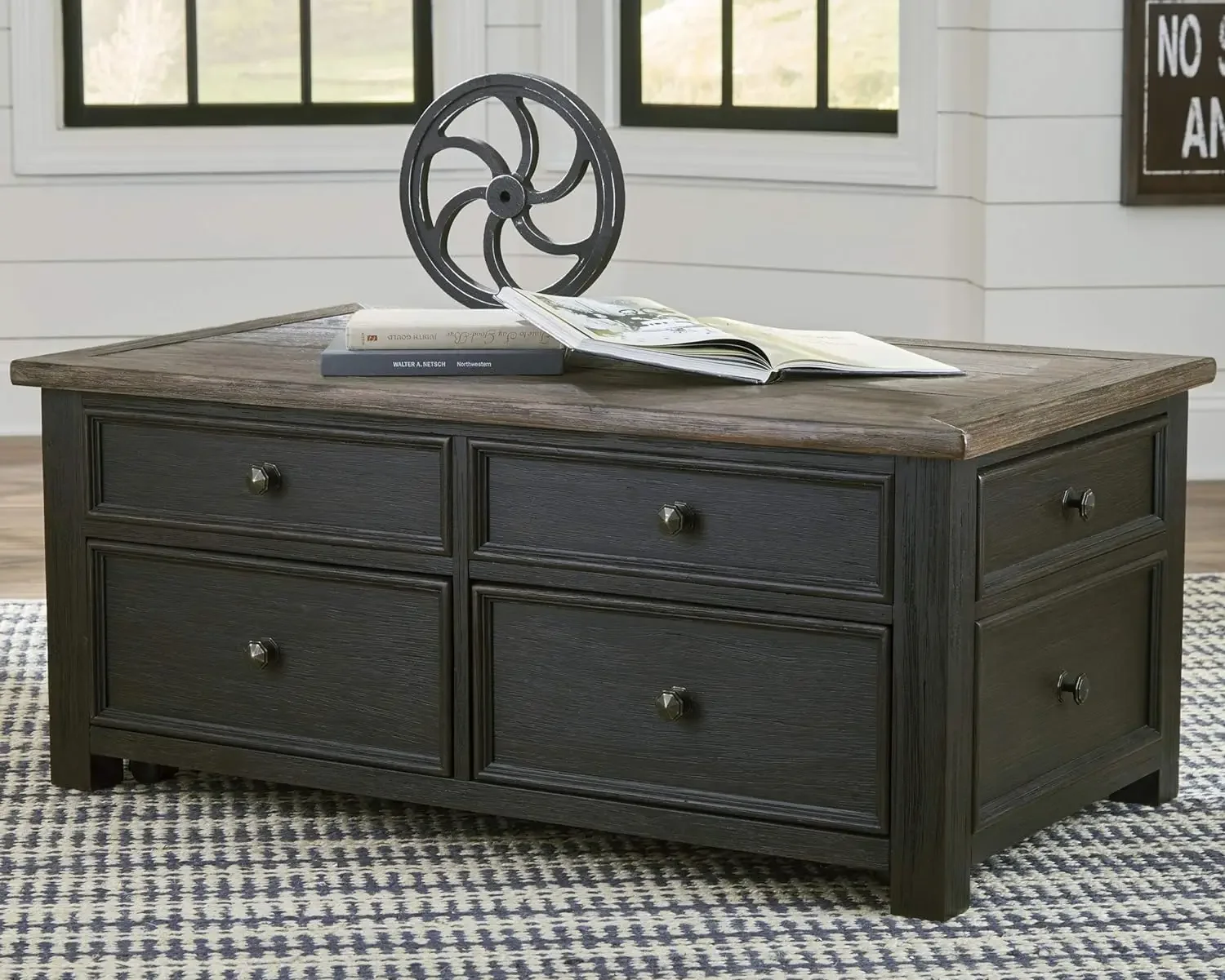 Signature Design Rustic Farmhouse Lift Top Coffee Table with Drawers, Brown