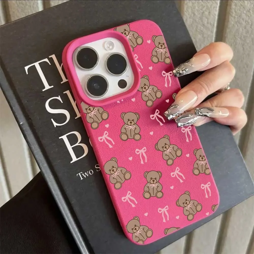 Niedliche Teddybär-Handyhülle mit rosa Schleife für iPhone 17 16 15 14 13 12 11 Pro Max 16 15 Plus XR, Silikon, matt, weich, stoßfest – Detail 11