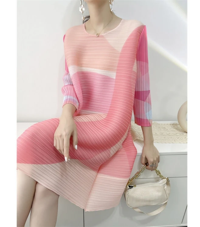 

Summer New Fashion Print Loose plus Size Elegant Ageless Pleated Dress Women's Casual H-Shape Polyester Polyester Fiber