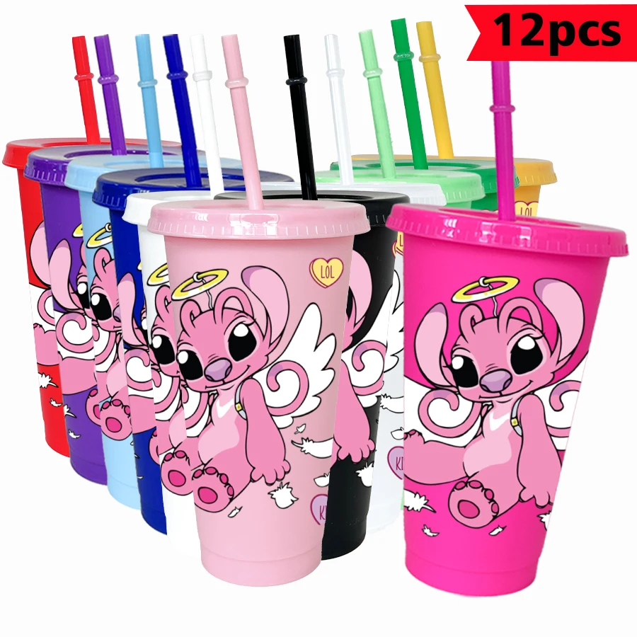 

12 шт./лот Disney Stitch Angel 26 унций красочный пластиковый стакан для дня рождения, посуда для напитков, чашки для сока, кофе