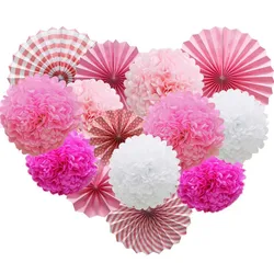 Wedding Valentine Party Favor Gold Pink Set DIY Hanging Paper Tassel Folding Fan Tissue Pompom White Baby Girl Boy Baptism Decor