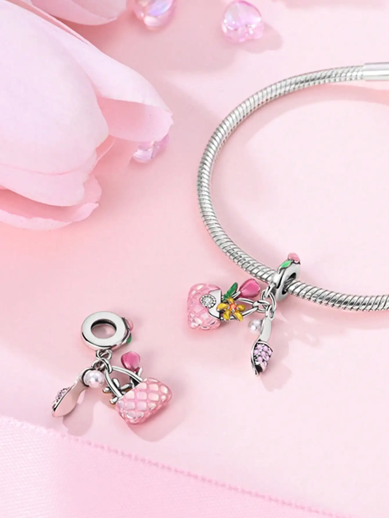 سحر الفضة الألوان الوردي حقيبة مستحضرات التجميل حبة لسوار الأصلي DIY الخرز سحر المجوهرات صنع هدية للنساء STYFNE