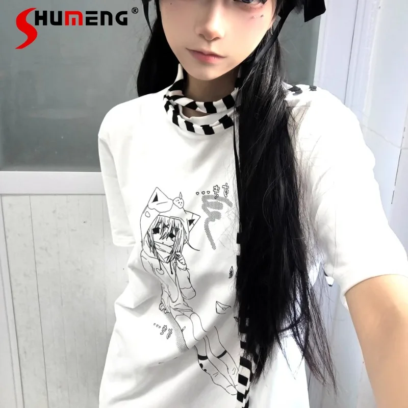 Japanese Style White Top Shoulder Cotton Short Sleeved Slim Fit Two-Dimensional Cute Sweet T-shirt Summer Top Oversized T Shirt