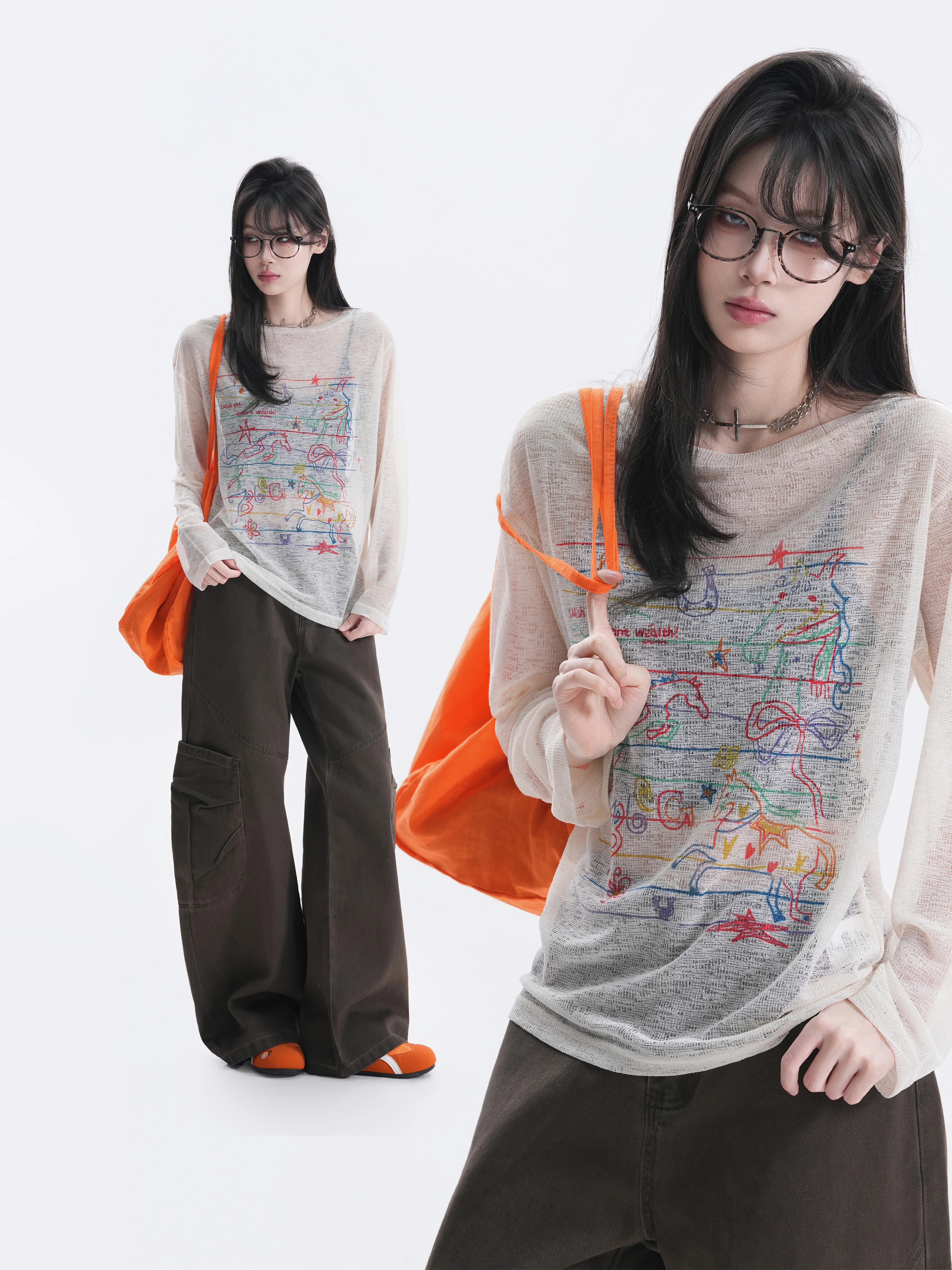 Summer Anti-Aging Long Sleeve Women's T-shirt Dopamine Line Print Casual Style Universal Fit Slim American Series  Color