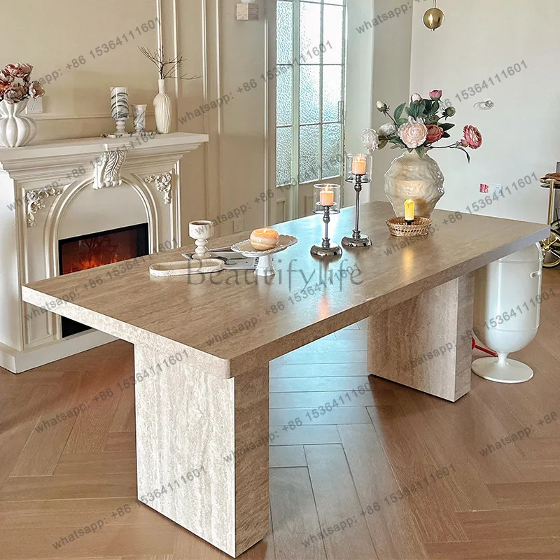 Table à manger rectangulaire en ardoise travertine, style rétro haut de gamme, style étonnant pour usage domestique