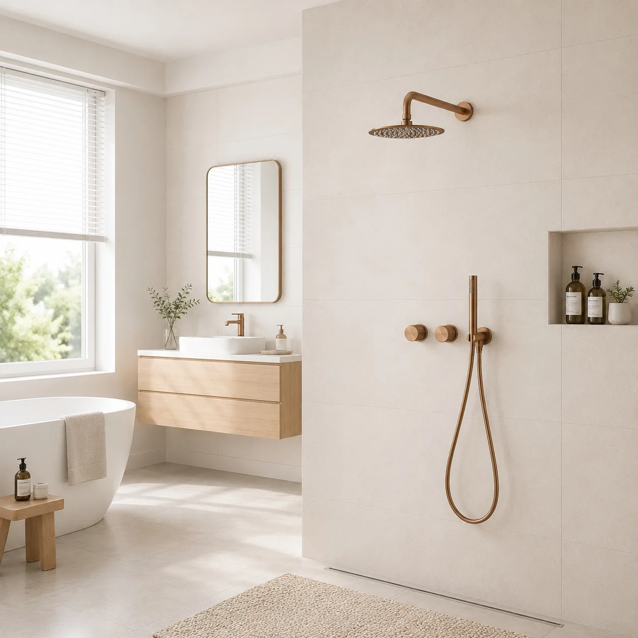 Shower Set,All-copper Brushed Concealed Hot-and-cold Rainfall-style Shower Set Built-in Shower Head Rose Gold Finish Home