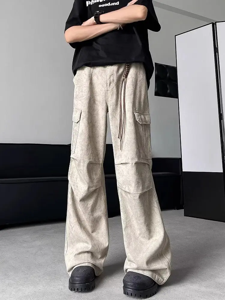 

Retro American Vintage Faded Marble Folded Workwear Jeans Casual Straight Leg Trousers for Men And Women Trendy Brand