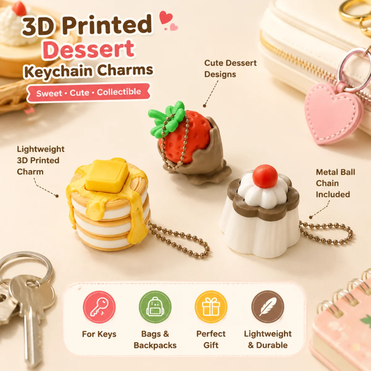 1Pc Multi Dessert Styles,3D Printed Eco-friendly PLA,Strawberry Pudding Pancake Design,Fidget Clicker Keychain Accessory