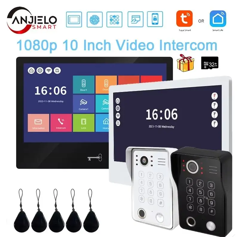 Tuya 10 Inch Video Intercom Touch Screen with Wired Doorbell 1080P APP Password Fingerprint Card Swipe Monitor One click unlock
