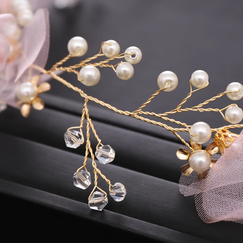 Pink Yarn Flower Wreath Girl Headband Hair Jewelry Pearl Women Tiaras Headpiece Women Wedding Hair Piece Accessories FORSEVEN