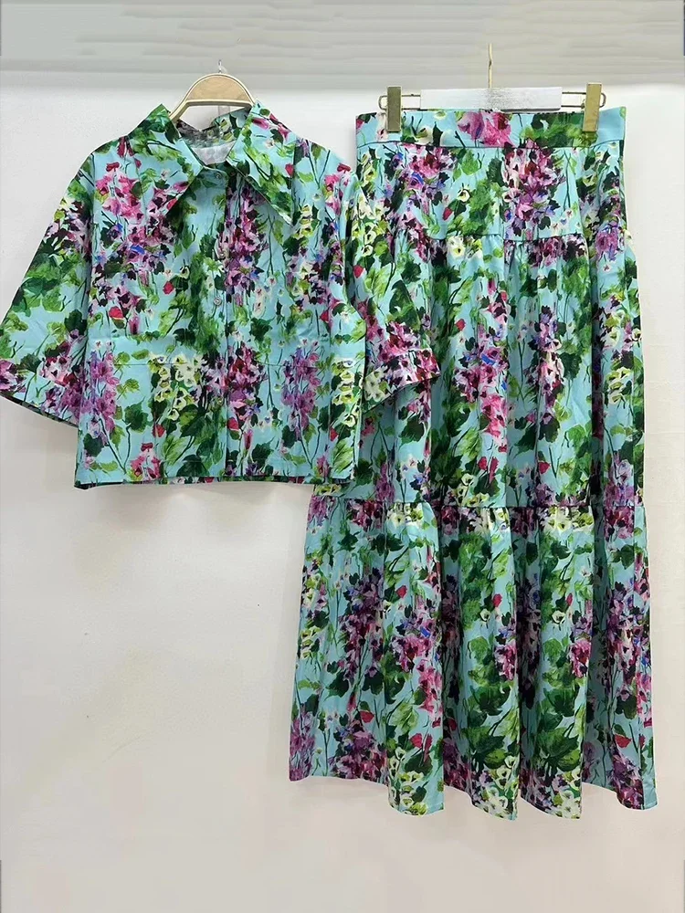 

Прямая короткая рубашка с лацканами и принтом в стиле ретро, комплект из двух предметов для лета 2021, женская одежда + свободная плиссированная юбка, модный комплект