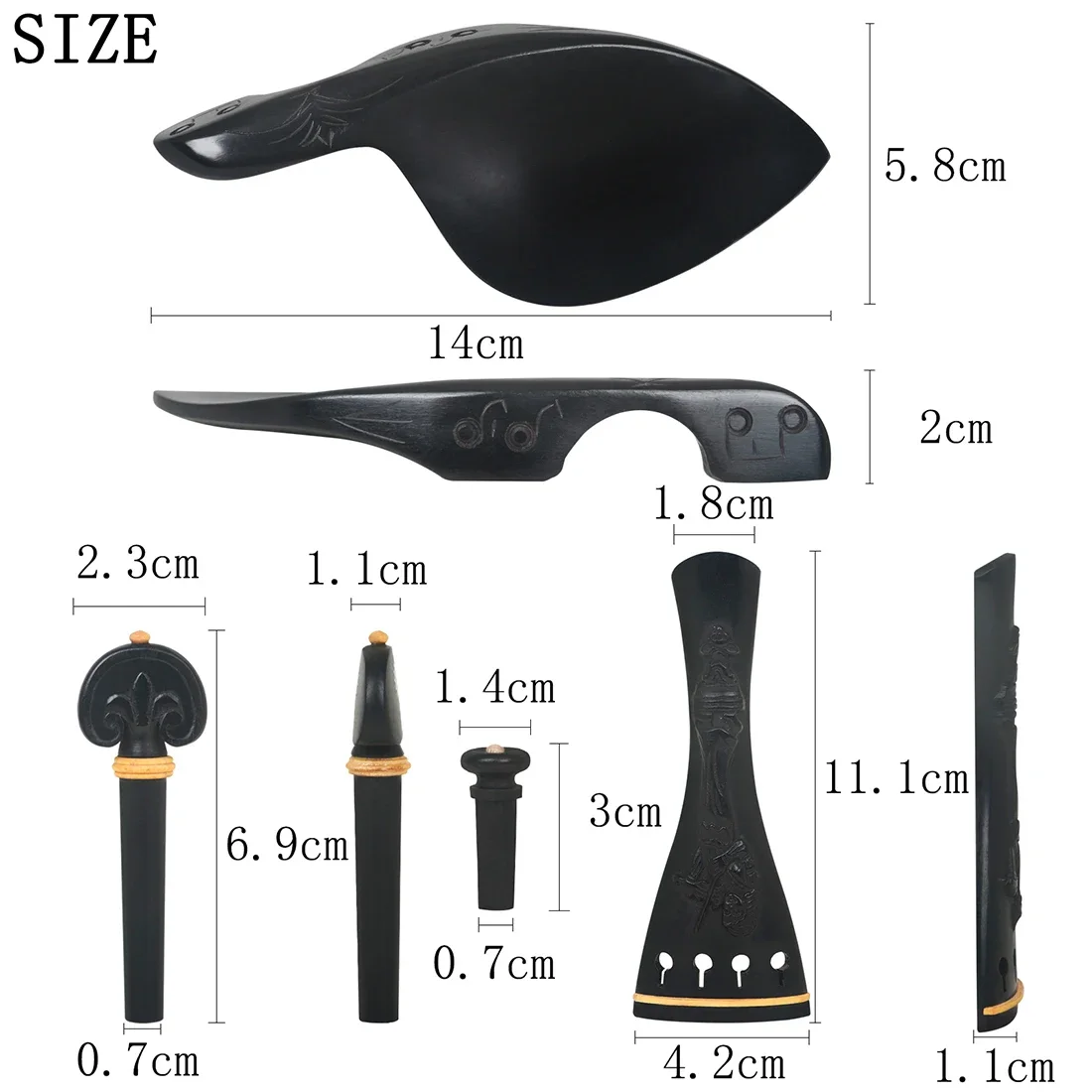 Violin Tailpiece 4/4 3/4 Violin Ebony Tailpiece Chinrest Tuning Pegs Endpin with Fine Tuners Set for Fiddle Replacement Parts