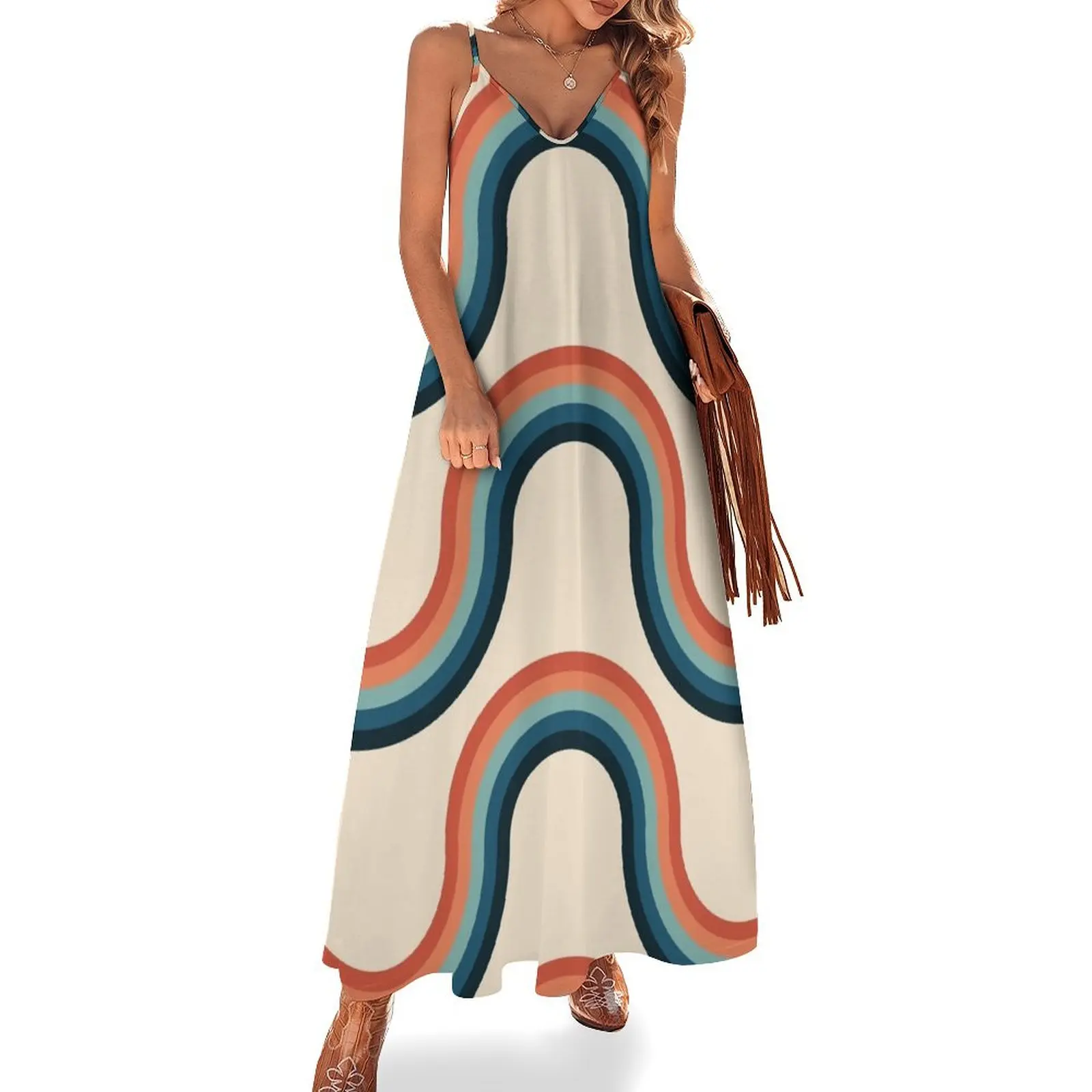 

70s Retro Style Stripes Sleeveless Long Dress Evening dresses Women's skirt Dress