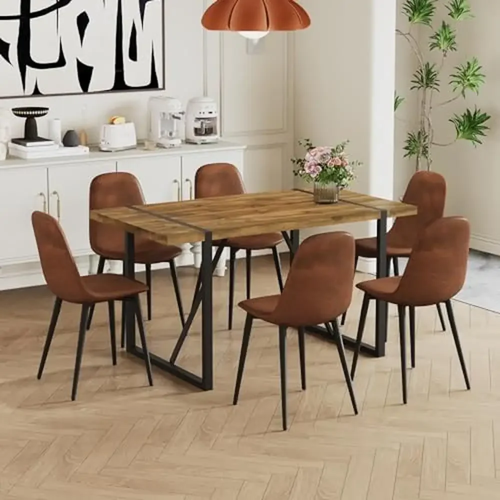 Modern 55'' Dark Wood Dining Table Set of 6 Fabric Dining Chairs,Sturdy&Comfortable,Easy Assembly,Multi-use,Durable Ideal Family