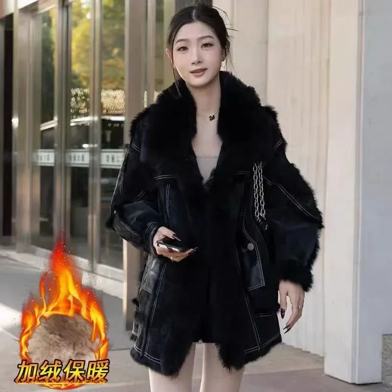 Plus Fleece Thickened Medium Long Fur Coat Ladies This Year's Popular New Winter Coat Loose and Thin Big Pocket Simple and Warm