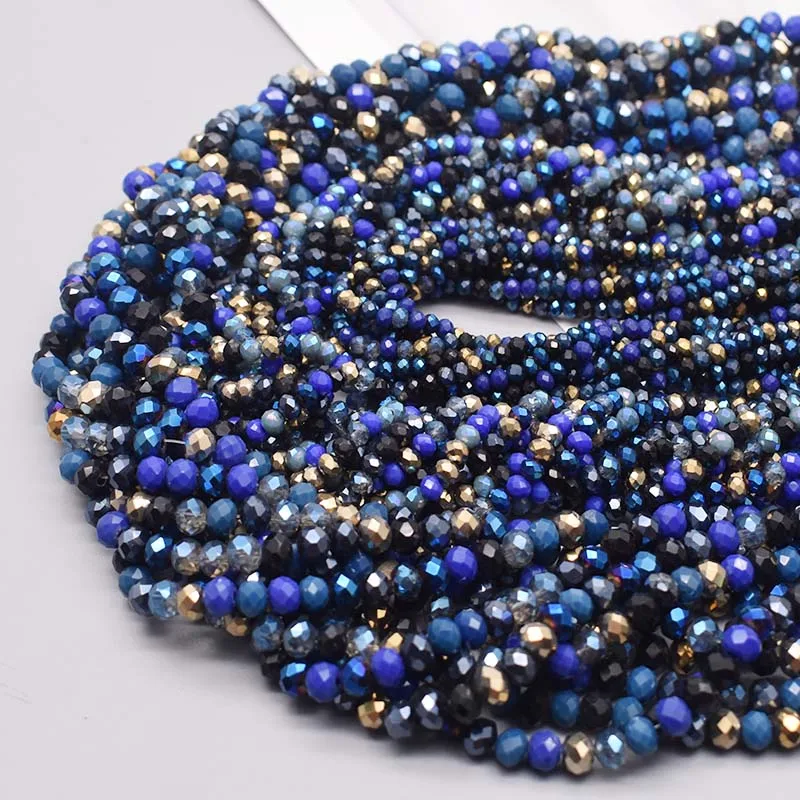 Blue Color 2 3 4 6mm Faceted Crystal Glass Beads Seed Rondelle Crystal Loose Spacer Beads for Jewelry Making DIY Necklace