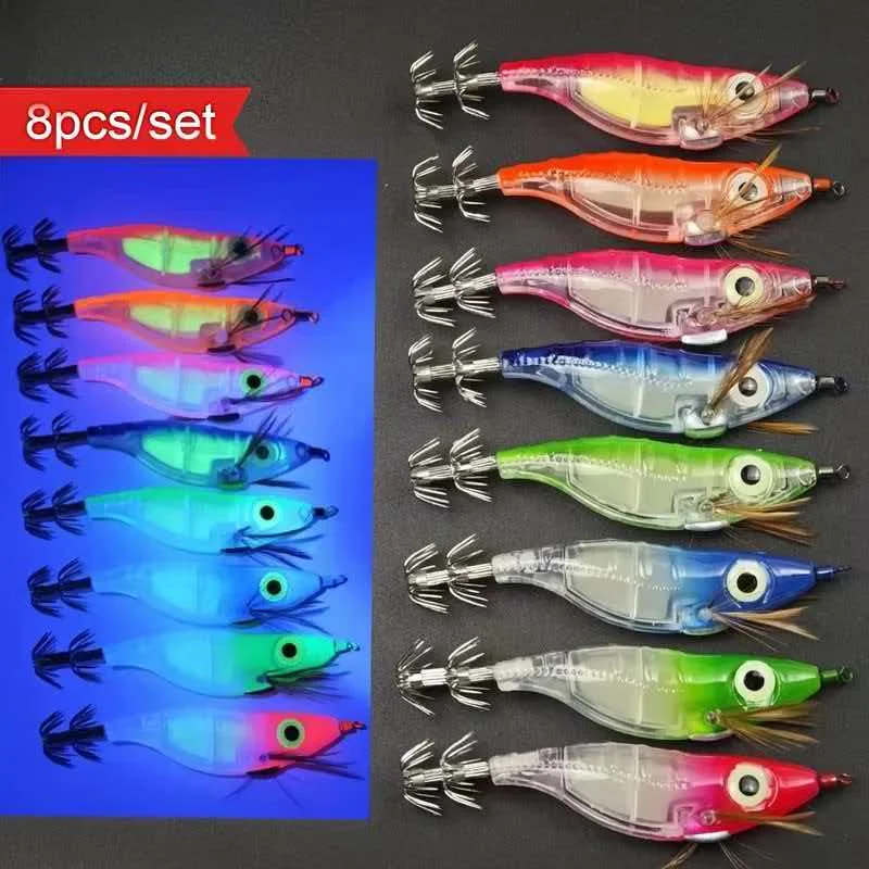 8Pcs 10cm Luminous Horizontal Egi Squid Jigs Glow Wood Shrimp Lures Octopus Cuttlefish Bait Saltwater Fishing Tackle Set