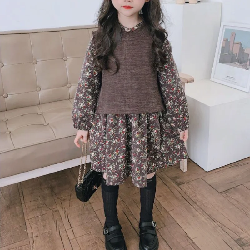 Children's Clothing Elegant Versatile 2023 Spring and Autumn New Fashion Print Round Neck Long Sleeve Simplicity Casual Dress