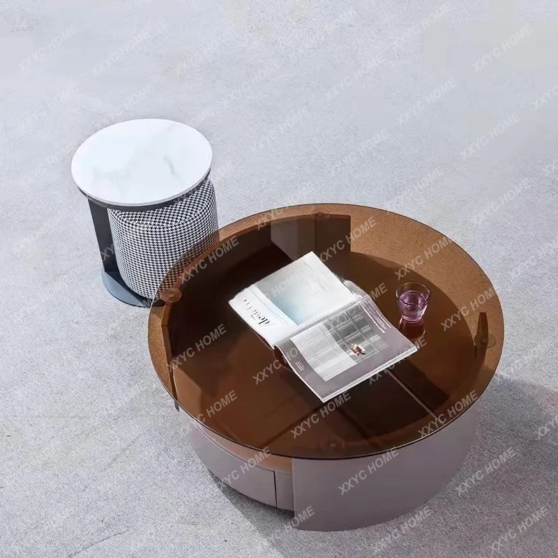 

Modern Living Room Rock Board with Drawer Glass Coffee Table Floor Cabinet TV Cabinet Combination Round Mobile Coffee Table