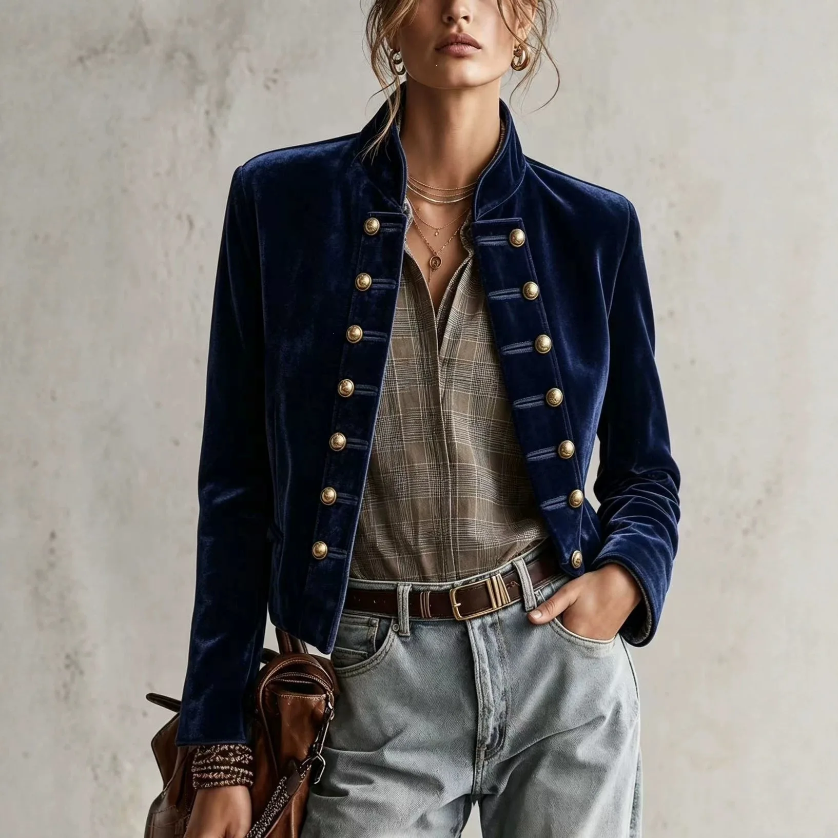 Autumn Winter New Standing Collar Double Row Metal Decorative Button Jacket Women's Top